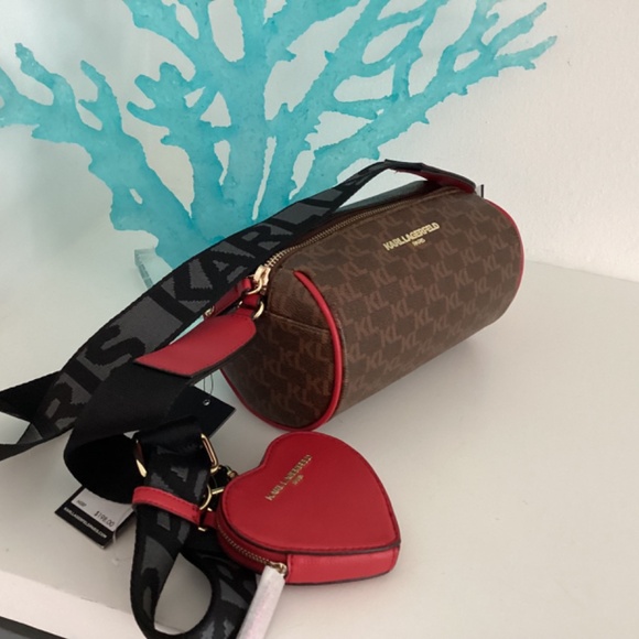 NWT KARL LAGERFELD CROSSBODY BROWN LOGO BAG W RED HEART COIN PURSE - Picture 8 of 13